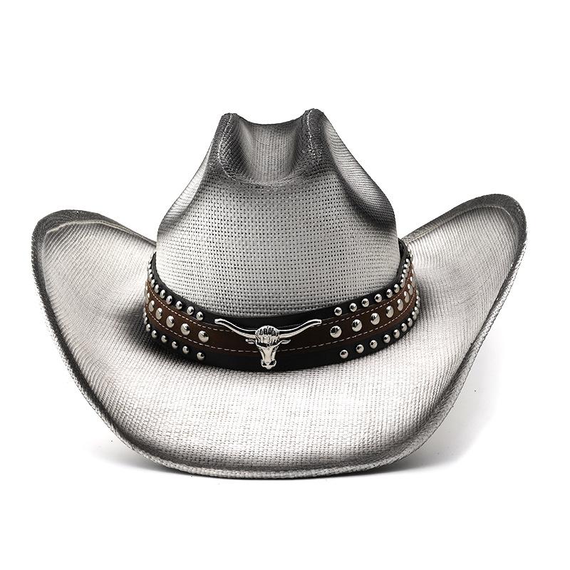 Vintage bull head embellished wide brim straw hat - western cowboy hat for men and women, perfect for vacation and beach