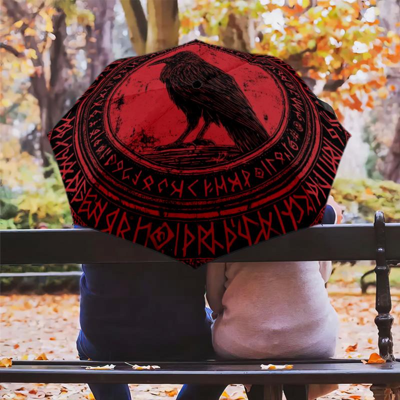 Rune Raven pattern, automatic folding umbrella, portable and foldable design, 8 ribs, a Christmas or birthday gift.