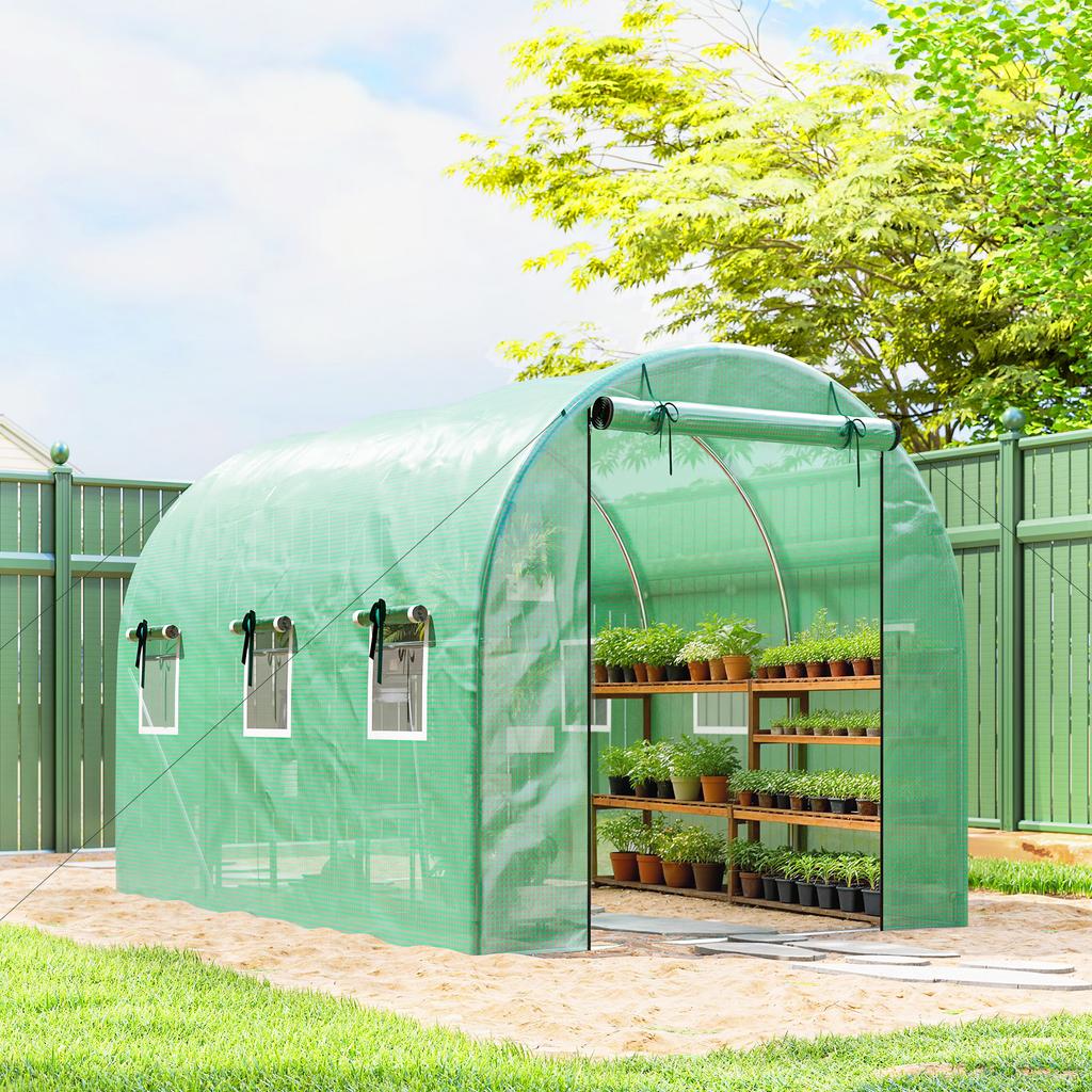 Greenhouse 3 X 2 X 2 M Poly Greenhouse with Roll-Up 2 Zipper Doors & 6 Mesh Windows Support Bars Green