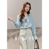 Women's Blue 3D Lace Ruffle V-Neck Blouse