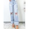 2025 Summer New All-Match Ripped High Waist Jeans Women European and American Fashion Slim Fit Slimming Straight Trousers Women
