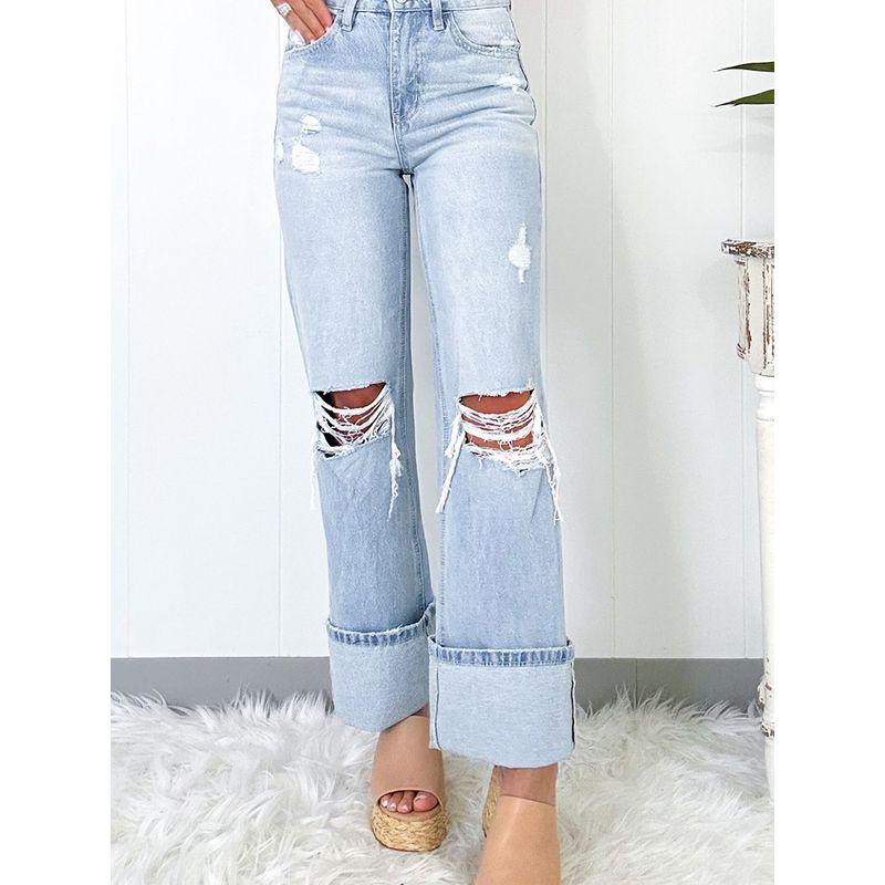 2025 Summer New All-Match Ripped High Waist Jeans Women European and American Fashion Slim Fit Slimming Straight Trousers Women