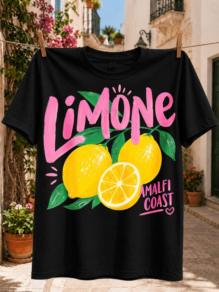 Limone Amalfi Coast TextTwo Whole Lemons One Citrus Slice and Broad Green Leaves Painted Unisex All TShirt