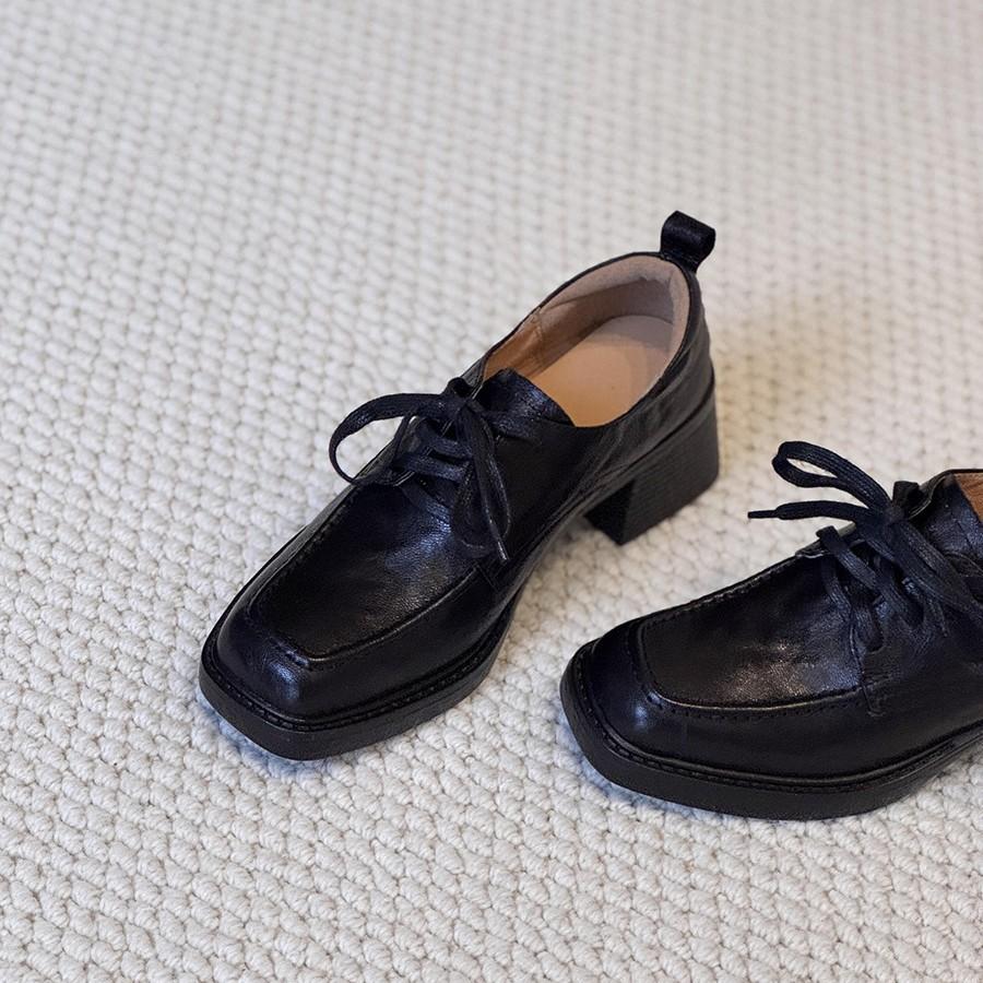 Women's shoes French retro deep cut round toe thick heel British small leather shoes lace up commuting single shoes