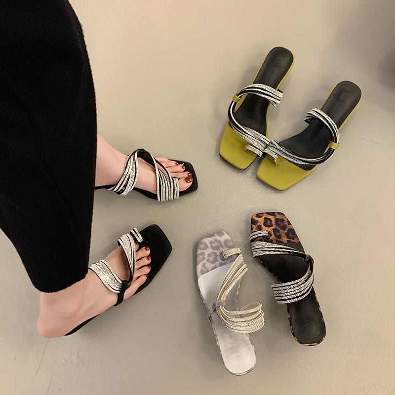 Fashion Sexy Leopard High Heels Slippers for Women Summer Fashion Crystal Cover Toes for Women Sandals 2025 New Dress Party Pump Shoes