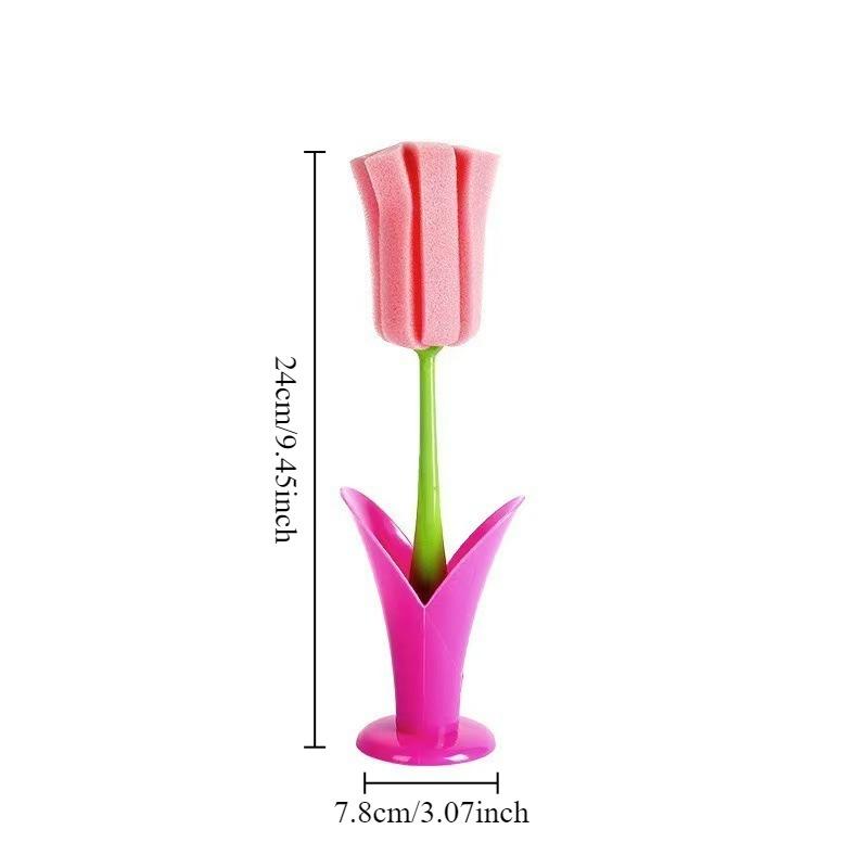 1 Stück Tulpenform Langer Griff Tassenreinigungsbürste mit Basis Abnehmbarer Schwamm Ersatzkopf Tassenbürste Tassenwäscher