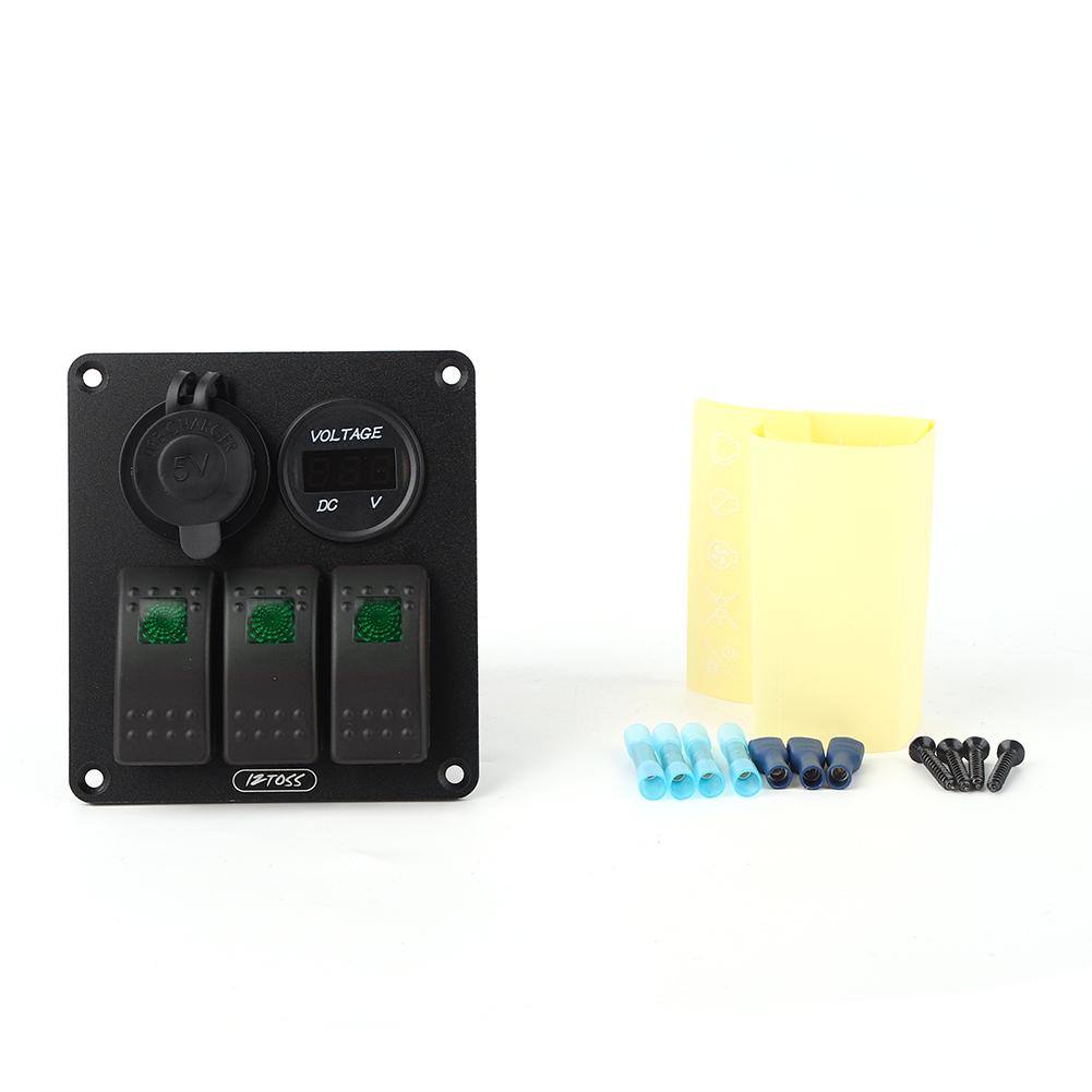 Multifunction 3 Gang Rocker Switches Panel with Voltmeter Display 4.8A Power Charger for RV BoatGreen Light