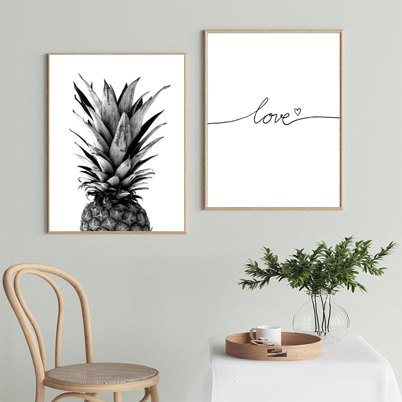 Black and White Plant Canvas Wall Art Poster Pineapple Love Quote Modern Paintings Prints Fashion Pictures for Living Room Decor