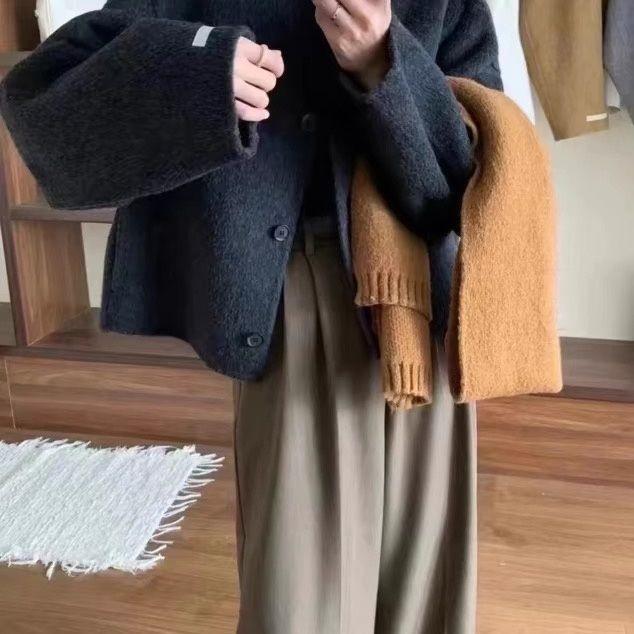 Round Neck Double-Sided Wool Coat for Women – Korean Style Winter Loose Fit Medium