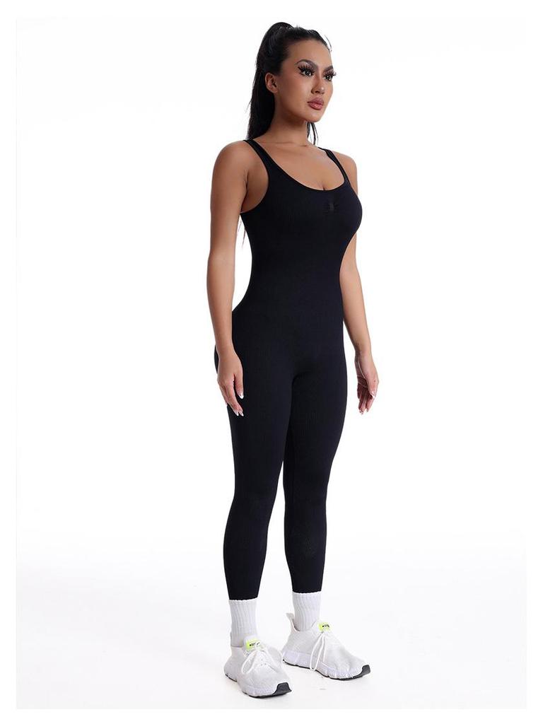 Seamless Ribbed V-Neck Backless Jumpsuit with Double Straps - Women’s Sport Body Shaping & Butt Lifting Yoga Suit