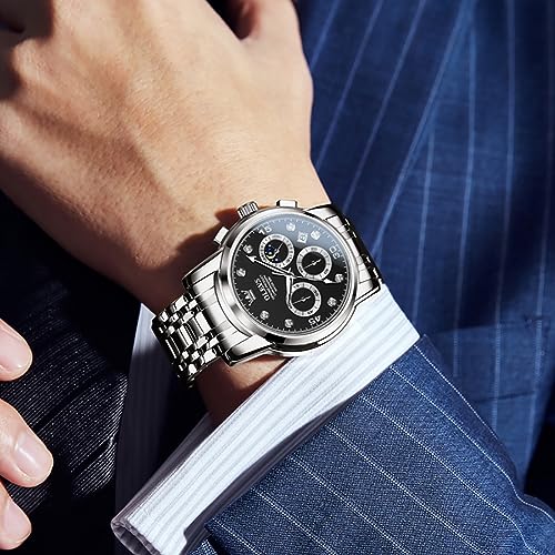 OLEVS Men's Stylish Watch, Popular Analog Quartz Movement, Waterproof Business Watch, Silver with Stainless Steel Band, Black Wristwatch, Date Display