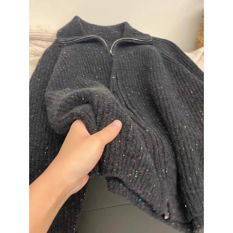 

Серый свитер на молнии с лацканами, вязаный кардиган, женский, новый, осенне-зимний, свободный и тонкий, ленивый жакет-топ XL серый