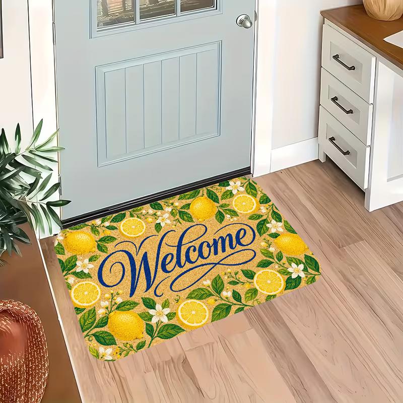 1pc, 2D Flat Printing, Welcome Lemon Theme Entrance Door Mat, Non-Slip And Machine Washable Easy-Clean Polyester Carpet, Suitable for Home And Outdoor