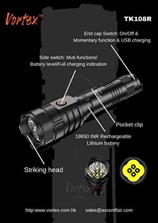 Vortex TK108R Taktisk Uppladdningsbar Mini USB Ficklampa med Max 2800 Dubbel Typ III Nivå och Momentanbrytare Hög-Ljusstyrka, Hög-Effekt LED,