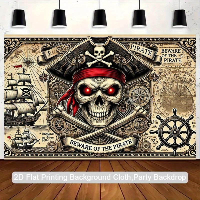 1 piece Pirate Skull Background Cloth - Retro Black and Red Tone Decoration - Beware of Pirates Text 150X100