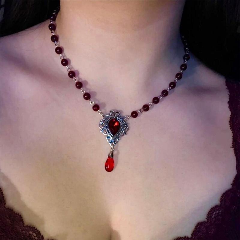 Gotický viktoriánský náhrdelník Romantický vintage krvavě červený korálkový řetízek Pro ženy Dívky Vynikající choker Šperky Doplňky Dárky