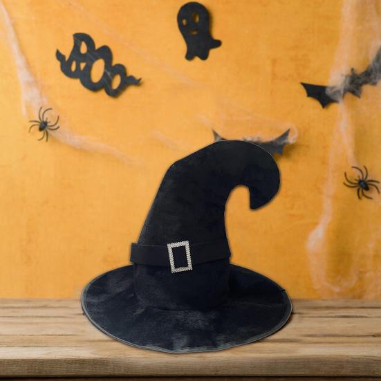 Velvet Witch Hat with Mysterious Button Design Wide Brim Solid Color Halloween Cosplay Hat Witch Costume Accessory