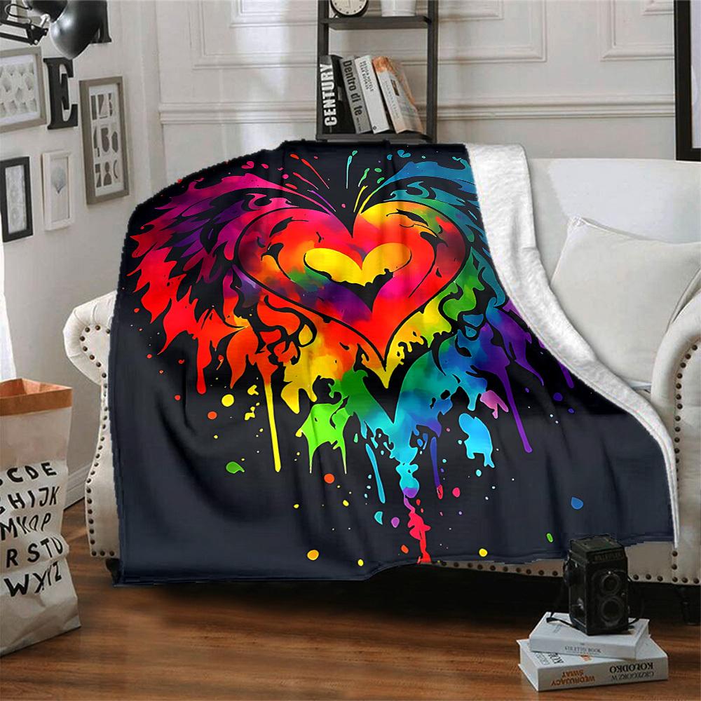 1pc Heart Rainbow Lightweight Flannel Blanket, Comfortable and Warm Blanket, for Office and Camping Sofa Bed073