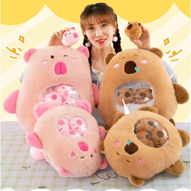 Cute Capybara Stuffed Toy Pillow Bag With Six Mini Plushies Stress-relief Dolls