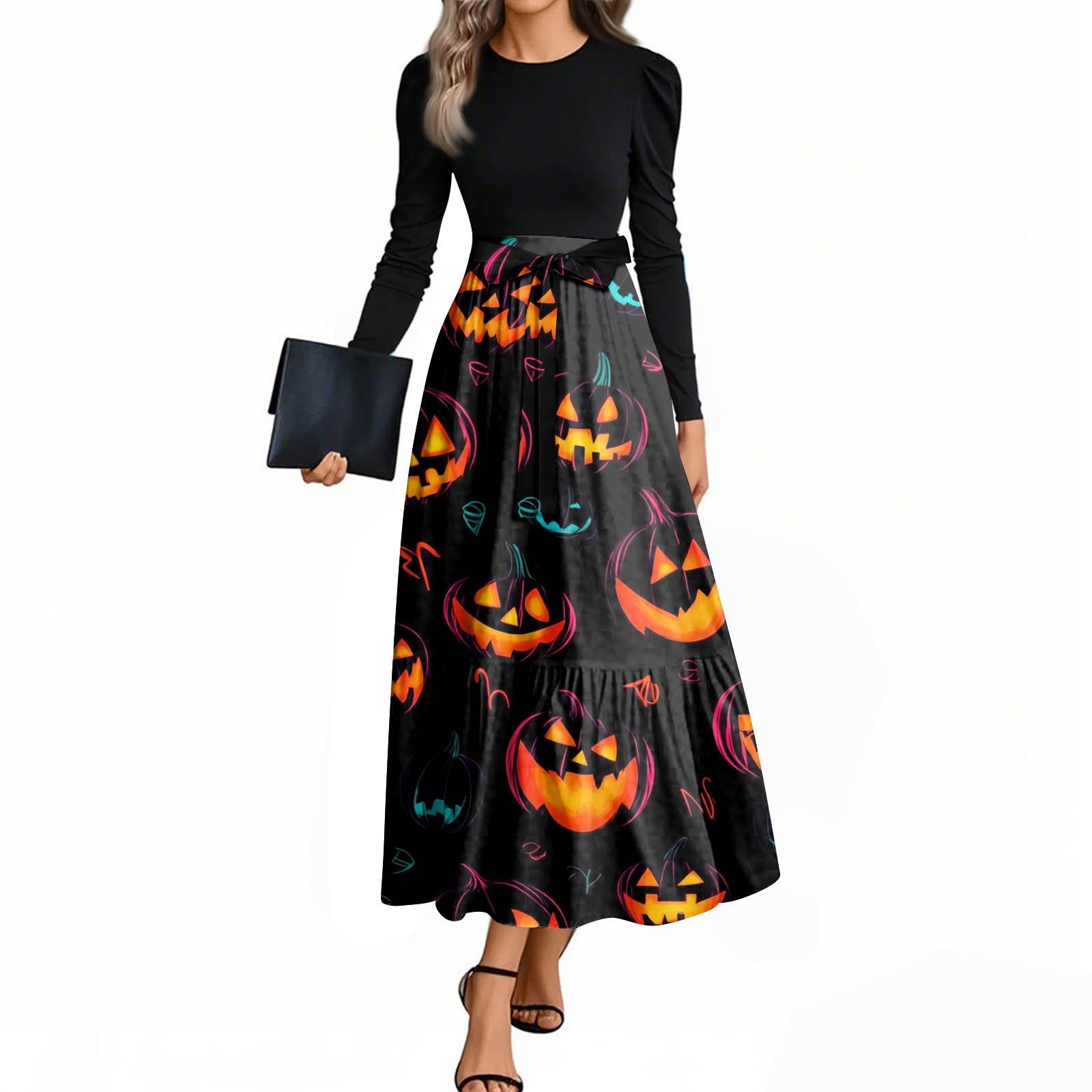 

Женские модные повседневные платья с поясом, с длинным рукавом, с круглым вырезом, с принтом на Хэллоуин, элегантные, с темпераментом XXL оранжевый