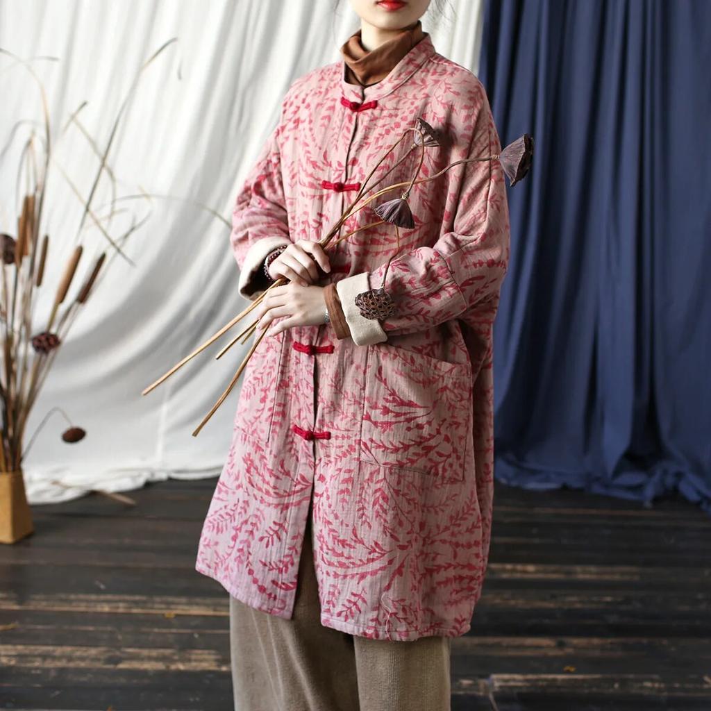 Johnature Damski rękaw w kształcie skrzydła nietoperza w stylu vintage, dekolt w kształcie litery "o", guziki do płaszcza, patchworkowe kieszenie, wiosenny nadruk, kwiatowe kurtki