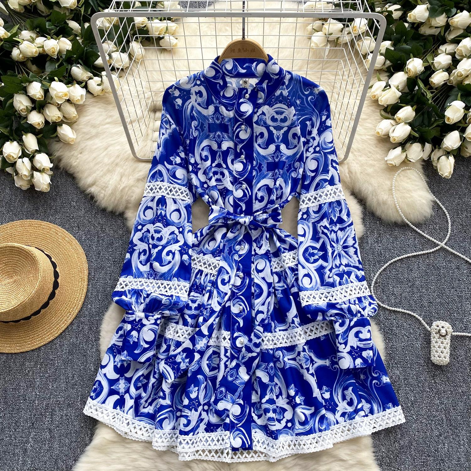 

Весенне-осенние женские кружевные лоскутные платья с рукавами-фонариками, элегантные однобортные вечерние праздничные платья 2XL синий