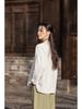 Spring/Summer 2025 Women's Retro Linen Shirt with Stand Collar, Side Placket, Color Block, Sand Wash, Frog Button, and Long Sleeves.
