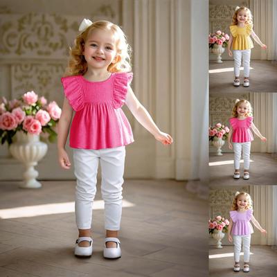 Sommer Kinder T-Shirt Niedlicher Pullover Einfarbig Mädchen Süß Kleiner Flatterärmel Lässiges Shirt