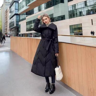 2024 Winter Damen Langer Mantel Damen Großer Revers Knielang Baumwolljacke Damen Einfarbig Verdicken Warm Parkas Damenjacke