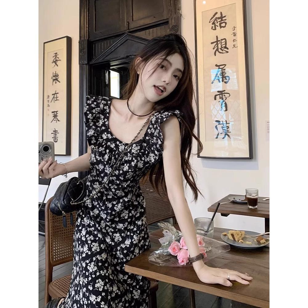 Black Floral Dress Dress Women's Spring New Casual Small Temperament Waist Long Dress Skirt