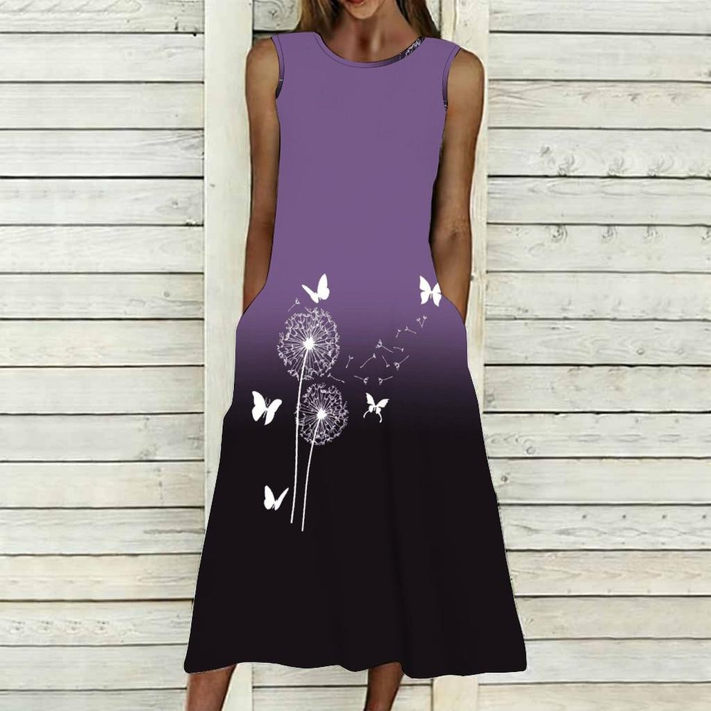 Plus Size Women Sleeveless Round Neck Dress Fresh Tiny Ditsy Floral Flowy Mid Length Gown