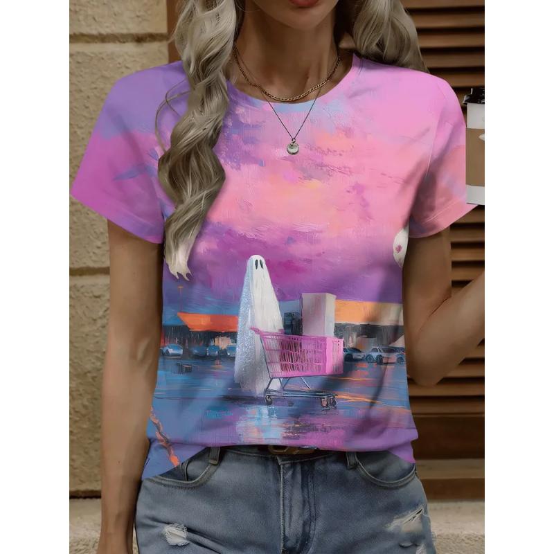 Fashion Women's Crew Neck Short Sleeve 3D Casual Color Printing Casual Short Sleeve Crew Neck T-Shirt
