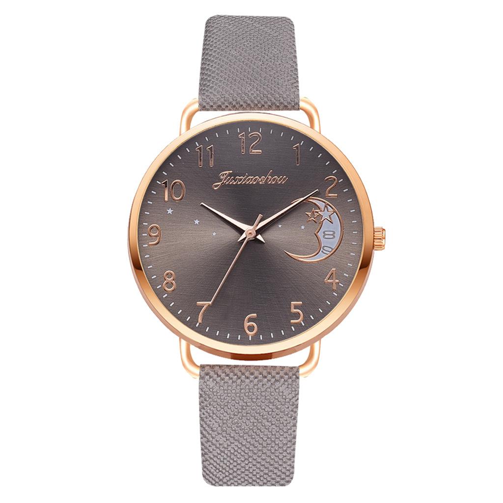 

Hot New Casual Women Watch Bracelet Moon Numbers Dial Set Ladies Leather Band Quartz Wristwatch Feminine Female Clock сірий колір