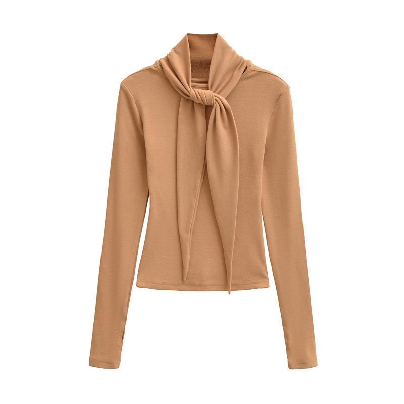 2026 Spring Korean Style Elegant Lace-up Faux Cashmere Long Sleeve Women's Top with Scarf