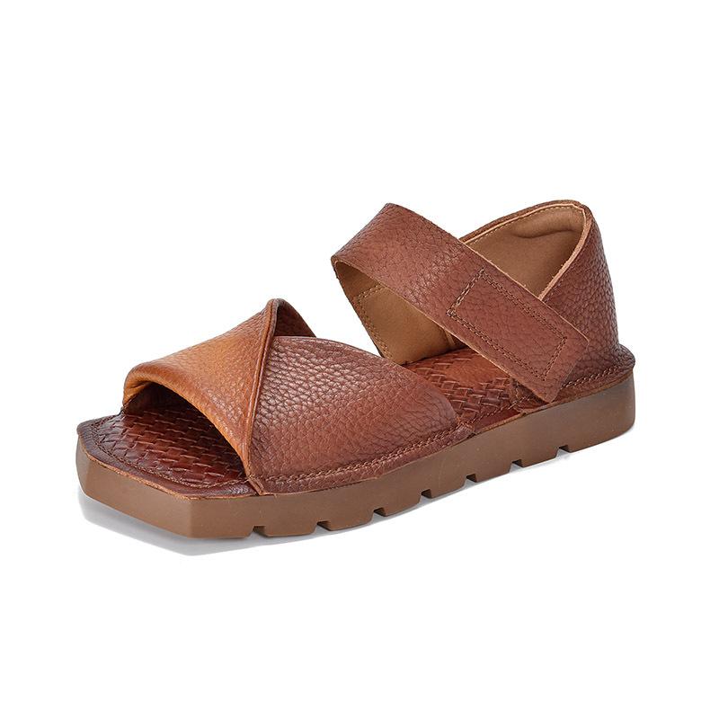 Johnature Genuine Leather Women s Shoes Square Toe Mixed Colors Retro Peep Toed Flat Sandals 35 коричневый