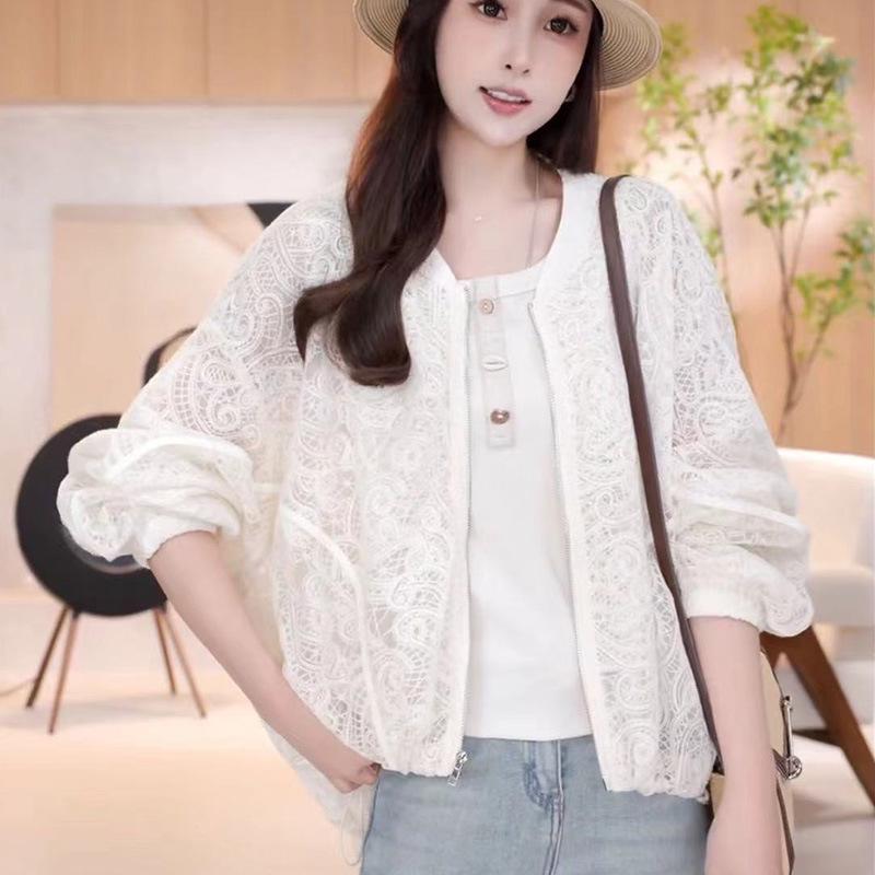 

Весна 2025 Женская Петит Кружевная Солнцезащитная Куртка - Новый Модный Повседневный Стиль. XL грязно-белый