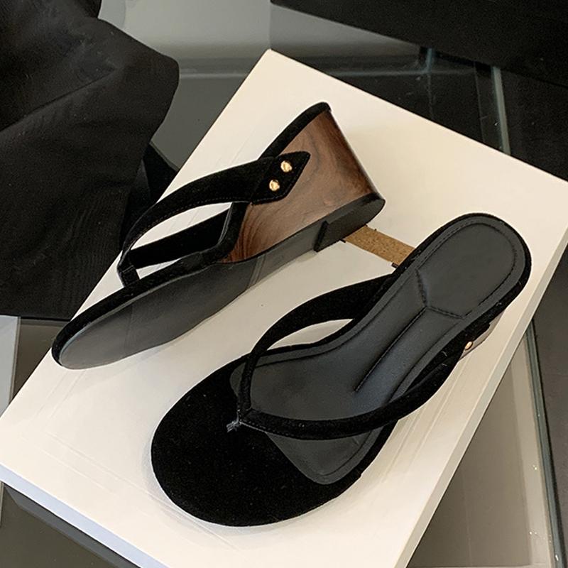 Fashion Round Clip Toe Wedges Flip Flops Women Slippers Cozy Wood High Heels Gladiator Sandals Female Beach Slides Shoes