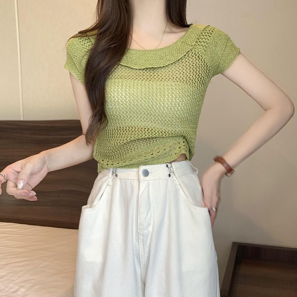 Xiaofei Sleeve Round Neck Hollow U-neck Versatile Female Summer Thin Knit Shirt Design Sense Niche Short Tops Casual Essential Slim Fit Pullovers Tees