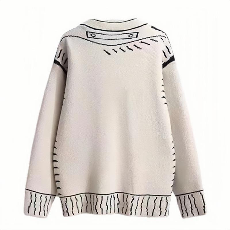 Graffiti Casual Knitted Sweater Cardigan Women New Autumn and Winter Long Sleeve Loose Women's Cardigans Jacket V Neck Vintage Pockets Sweaters 25290