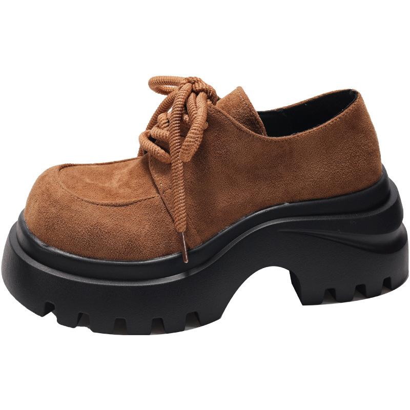 European Matte Leather Big Head Lace-up Single Shoes Women's 2025 Autumn New Thick-soled Versatile Muffin Heightening Loafers