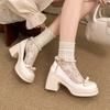 Fashion Elegant Pearls Chain High Heels Mary Jane Shoes Women 2025 Bowknot Thick Heel Pumps Woman Round Neck Patent Leather Party Shoes