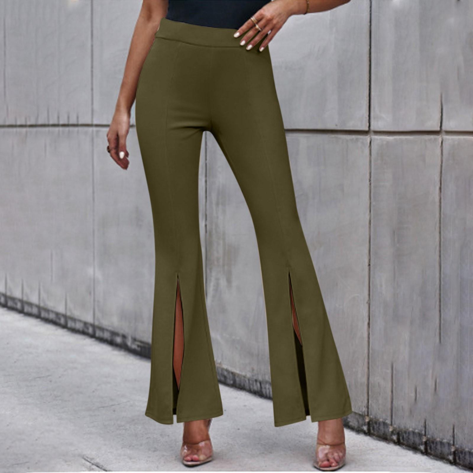 

Женские модные однотонные повседневные расклешенные брюки с высокой талией и подолом XL зелёный