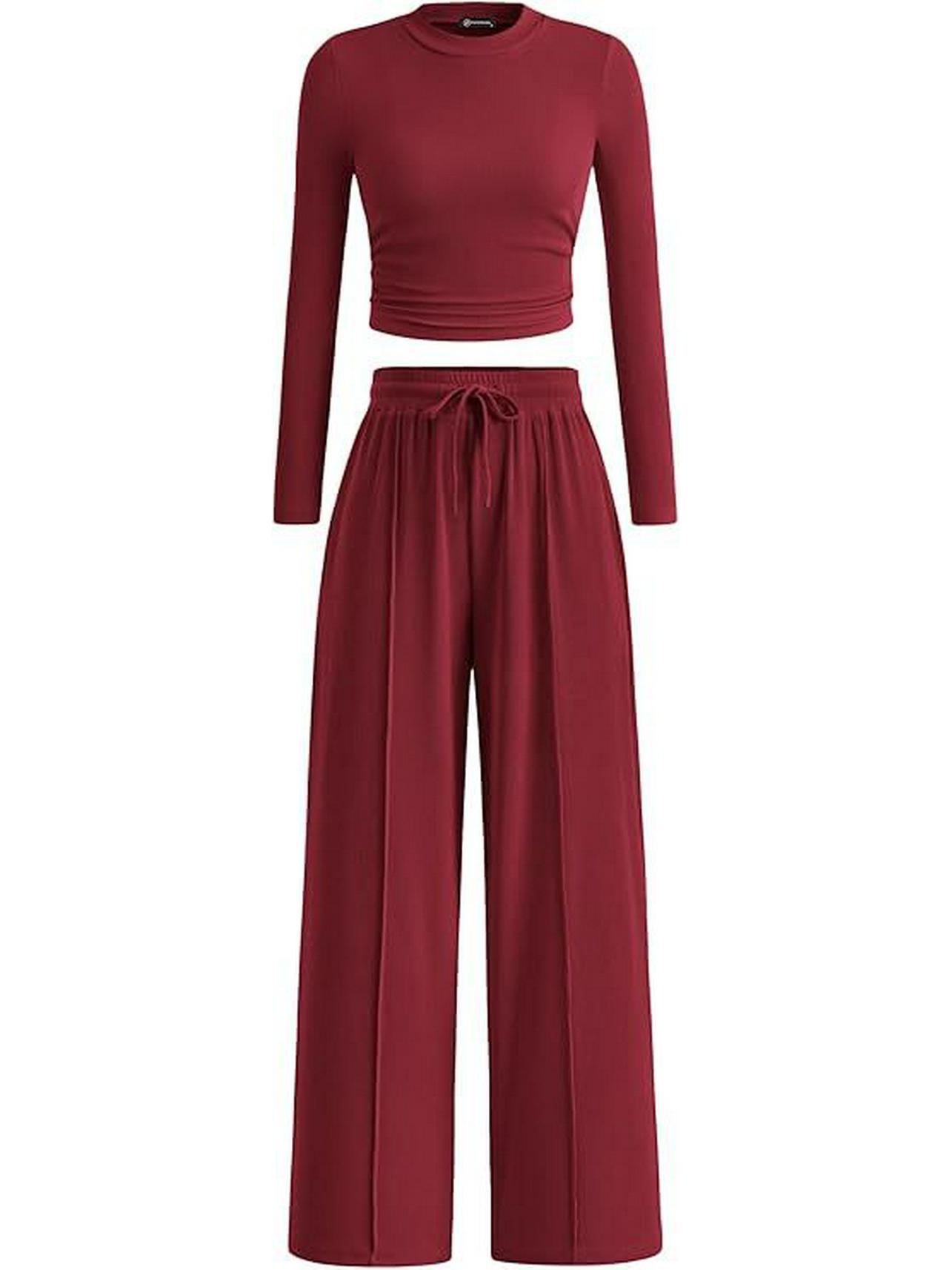 

Autumn Solid Color Two-Piece Set: Long-Sleeved Crop Top & Wide-Leg Pants S червоний