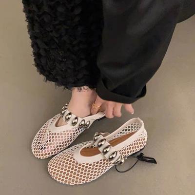 Wiosenne nowe płaskie buty okrągła głowa płytkie usta siateczka oddychająca metalowa klamra miękka podeszwa antypoślizgowe pojedyncze buty