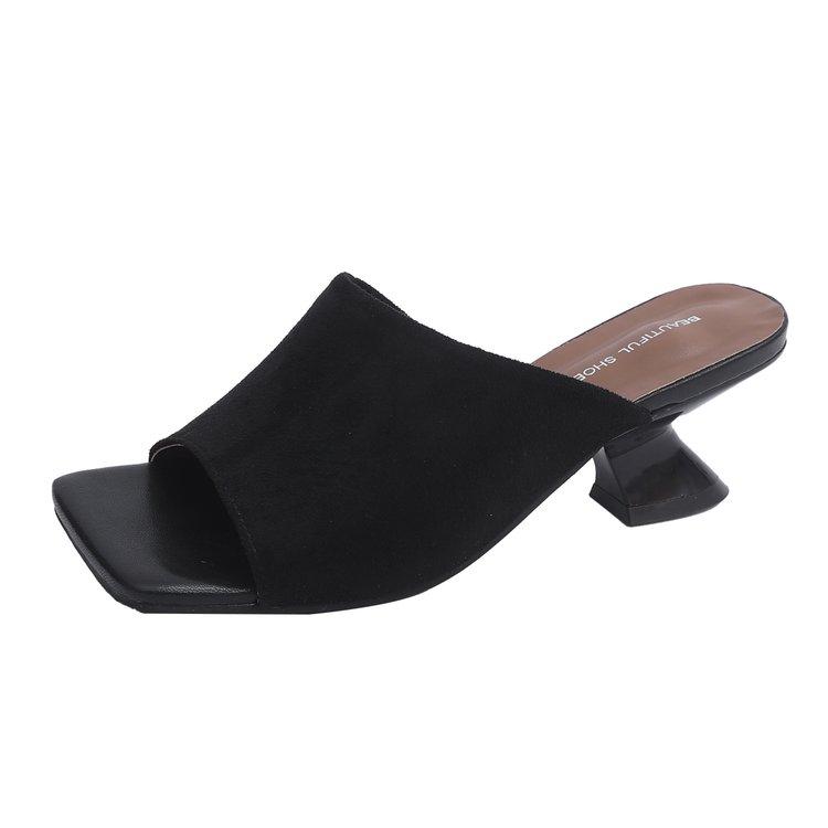 Summer Women Slippers Cow Suede Leather Shoes for Women Square Toe Strange Heel Shoes Black Sandals Concise Modern Slippers