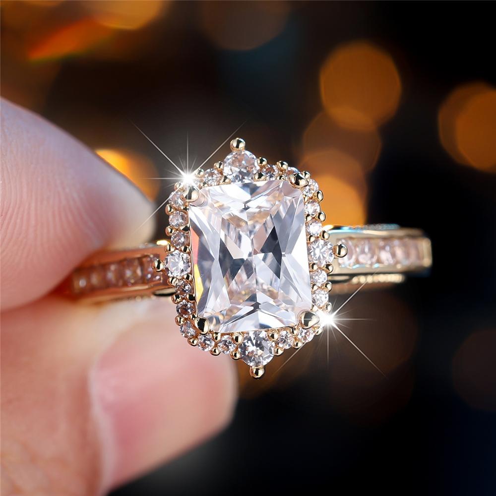 Female Crystal Cute White Square Zircon Stone Engagement Ring Luxury Gold Color Wedding For Women Valentines Day Gift