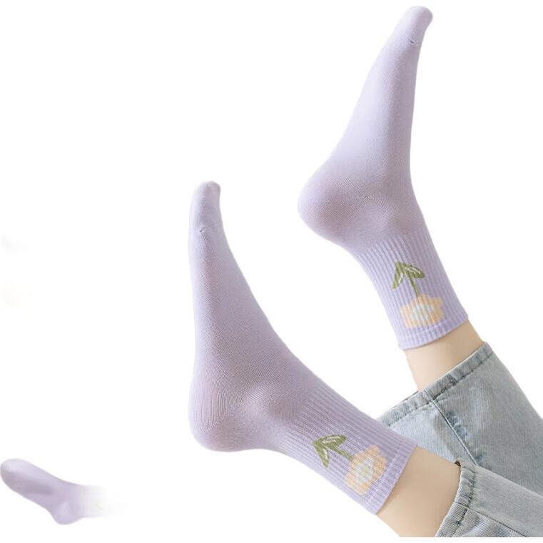 MiiOW 5 Pairs of Women's Socks, Summer Jacquard Mid-Calf Socks, Cotton Socks, Trendy Sweet Fresh Floral Long Socks