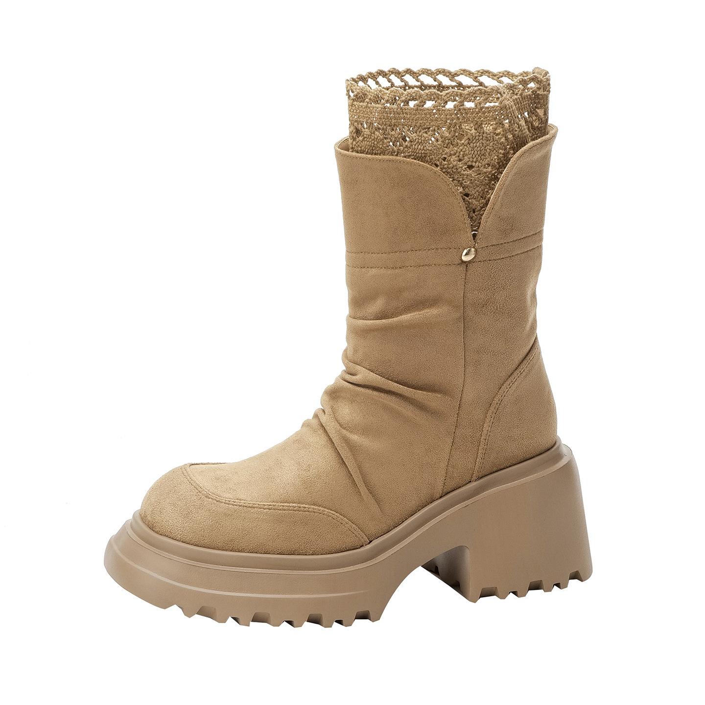 

2025 new round head versatile thick sole thick heel lace pleated short tube stacking boots temperament thin and heightened Martin boots 40 хаки