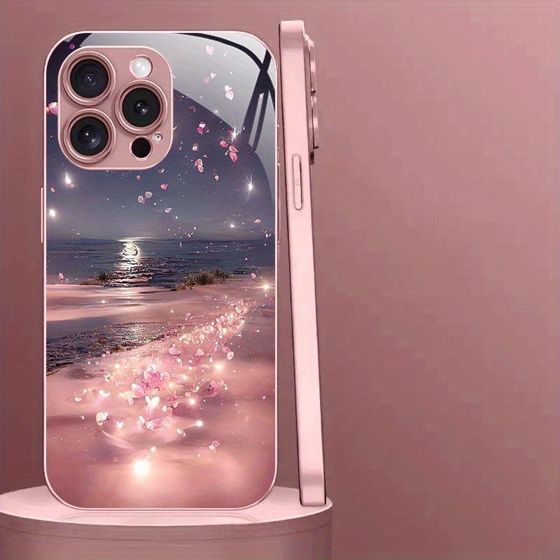 Růžový Květ Stříbrný Plážový Vzor Metalická Barva Skleněné Pouzdro na Telefon Pro iPhone 17 16 15 14 13 12 11 Pro Max 15 Plus 17Air 16E Kryt