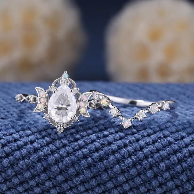 European and American new able moonstone embellishment versatile waterdrop zircon star moon double-layer women's ring